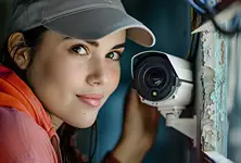 A woman with a baseball cap is facing the camera, suggesting she is participating in a CCTV installatio