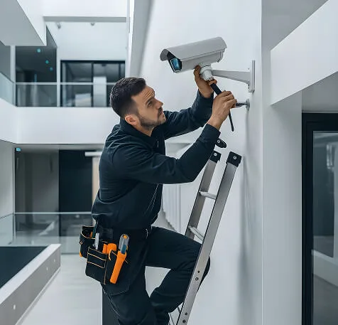 A man repairs a security camera while standing on a ladder, focused on enhancing the device's functionality.