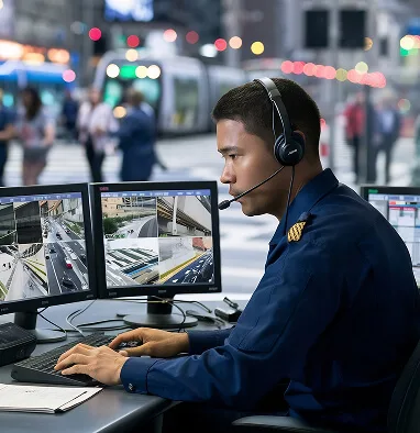 A man at a desk with two computer monitors, engaged in tasks, with a CCTV camera observing the workspace.